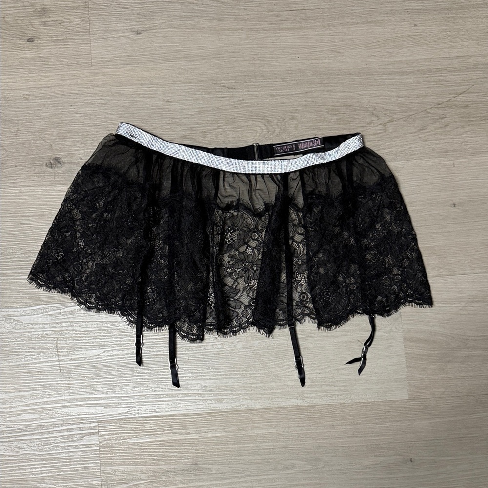 NWOT Victoria’s Secret Garter Lingerie Black Lace Skirt with Rhinestone Trim